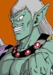  1boy clenched_hand colored_skin commentary_request dragon_quest dragon_quest_dai_no_daibouken evil_grin evil_smile fingernails green_skin grey_hair grin hadlar highres large_pectorals lee_(dragon_garou) long_hair male_focus official_style orange_background pectorals pointy_ears sharp_fingernails shoulder_pads shoulder_spikes smile solo spikes 