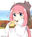  1girl beanie blue_eyes blurry blurry_background commentary_request drawstring eating food hat heart heart_in_eye holding holding_food hood hood_down hooded_jacket jacket kagamihara_nadeshiko long_hair long_sleeves photo_background pink_hair pom_pom_(clothes) pom_pom_beanie pom_pom_drawstring ringosutta sandwich solo symbol_in_eye upper_body yurucamp 