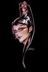  1girl bayonetta bayonetta_(series) black_background black_eyeliner black_hair closed_mouth commentary earrings eyeliner glasses high_ponytail highres jewelry makeup mascara mole mole_under_mouth oluyemiart pink_eyes ponytail portrait signature simple_background solo 