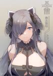  1girl absurdres august_von_parseval_(azur_lane) azur_lane bare_shoulders black_neckwear black_sleeves breasts broken_(7589468) character_name cleavage clothing_cutout curled_horns detached_sleeves gradient gradient_background hair_over_one_eye highres horns huge_breasts iron_blood_(emblem) long_hair looking_at_viewer mechanical_horns purple_eyes purple_hair shadow simple_background solo underboob_cutout upper_body very_long_hair 