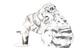  1boy animal_ears arknights bara blue_eyes cocktail_glass completely_nude cropped_torso cup drinking_glass from_side furry furry_male greyscale highres korean_text large_pectorals male_focus monochrome mountain_(arknights) muscular muscular_male nipples nude p2yong pectorals scar scar_across_eye short_hair solo spot_color tiger_boy tiger_ears tongue tongue_out translation_request white_fur 