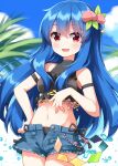  1girl :d bikini black_bikini blue_hair blue_shorts blue_sky blush cloud commentary_request completion_time cowboy_shot day food-themed_hair_ornament hair_between_eyes hair_ornament highres hinanawi_tenshi long_hair looking_at_viewer navel open_mouth outdoors peach_hair_ornament red_eyes ruu_(tksymkw) shorts sky smile solo swimsuit touhou touhou_danmaku_kagura 