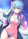  1girl bikini bird blue_hair blue_sky blush breasts cleavage eyebrows_visible_through_hair flower fumi_(fumibeing) hair_flower hair_ornament highres hololive jacket navel ocean open_clothes open_jacket open_mouth pointy_ears seagull sky sunlight swimsuit virtual_youtuber yellow_eyes yukihana_lamy 