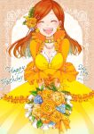  1girl bangs bouquet breasts brown_hair choker cleavage closed_eyes commentary dated dress earrings english_text facing_viewer flower frilled_sleeves frills hair_flower hair_ornament happy_birthday highres ho_ji_chan47 holding holding_bouquet jewelry long_dress long_hair long_sleeves mary_hunt medium_breasts necklace open_mouth orange_flower otome_game_no_hametsu_flag_shika_nai_akuyaku_reijou_ni_tensei_shite_shimatta pearl_necklace smile solo standing swept_bangs twitter_username v_arms yellow_choker yellow_dress 