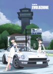  2girls alternate_costume black_eyes black_hair blue_sky blunt_bangs building car cloud commentary_request cosplay datsun_240z day dress full_body hair_rings highres houshou_(kancolle) kantai_collection looking_at_viewer motor_vehicle mountain multiple_girls nissan_fairlady_z off-shoulder_dress off_shoulder open-toe_shoes outdoors pagoda ponytail real_world_location sign sky toplow tower wakayama_prefecture white_dress yawata_maru_(kancolle) yukikaze_(kancolle) yukikaze_(kancolle)_(cosplay) yukikaze_(summer)_(kancolle) 