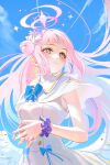  1girl absurdres angel_wings blue_archive blue_bow blue_sky bow breasts buttons capelet closed_mouth commentary_request dress feathered_wings flower gold_trim gou_d hair_bun hair_flower hair_ornament halo highres long_hair low_wings medium_breasts mika_(blue_archive) own_hands_together pantyhose pink_hair pink_halo pink_nails purple_flower scrunchie single_hair_bun single_side_bun sky sleeveless sleeveless_dress smile solo very_long_hair white_capelet white_wings wing_ornament wings wrist_scrunchie yellow_eyes 