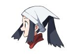  1girl :d akari_(pokemon) black_hair commentary_request from_side grey_eyes head_scarf open_mouth pokemon pokemon_(game) pokemon_legends:_arceus ponytail portrait red_scarf scarf sidelocks simple_background smile solo upper_teeth white_background white_headwear yoshi_(moco1) 