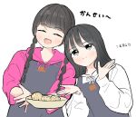  2girls :d ^_^ animification apron black_apron black_hair blush braid closed_eyes commentary_request fang highres hood hoodie kan_kanna link!_like!_love_live! long_hair love_live! low_twin_braids mira-cra_park! multiple_girls open_mouth pink_hoodie real_life seeno_de!_hasu_no_sora! skin_fang smile tazaki_masanobu translation_request tsukine_kona twin_braids upper_body voice_actor white_hoodie 