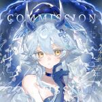  1girl blue_choker blue_gloves blue_hat blue_horns choker closed_mouth colored_eyelashes commission earrings eyelashes flower frills gloves hair_between_eyes hair_flower hair_ornament hat highres horns jellyfish_earrings jewelry long_hair looking_to_the_side mihuashi_commission original portrait qixi sidelocks single_earring solo strapless watermark white_eyelashes white_hair yellow_eyes 