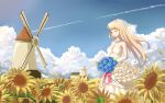  1girl absurdres bare_shoulders blonde_hair blue_flower blue_sky bouquet breasts bridal_veil cleavage closed_eyes cloud cloudy_sky commentary_request dress field flower flower_field frilled_dress frills highres holding holding_bouquet huangwanzi lexington_(warship_girls_r) long_hair medium_breasts sky sunflower veil warship_girls_r wedding_dress white_dress windmill yellow_flower 