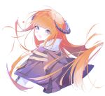  1girl :d absurdres arknights bagpipe_(arknights) blunt_bangs commentary dragon_horns floating_hair from_behind highres horns long_hair looking_at_viewer looking_back open_mouth orange_hair purple_eyes simple_background smile solo symbol-only_commentary tan_ji_shengwu_cl upper_body white_background 