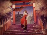  1girl ahoge bird brown_hair falcon falcon_(girls&#039;_frontline) girls&#039;_frontline highres japanese_clothes kimono long_sleeves obi sash shrine shrine_bell stairs suginakara_(user_ehfp8355) torii 