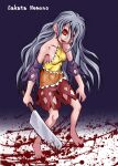  1girl absurdres ayana_mizuki bags_under_eyes barefoot blood blood_on_weapon blood_splatter breasts character_name cleaver commentary_request detached_sleeves dress full_body grey_hair highres holding holding_cleaver long_hair looking_at_viewer medium_breasts messy_hair multicolored_dress open_mouth purple_background purple_sleeves red_eyes sakata_nemuno sharp_teeth single_strap skirt_cutout smile solo standing teeth touhou very_long_hair wavy_hair weapon 
