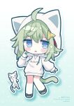  1girl ahoge animal animal_hood blue_eyes blush_stickers borrowed_character brown_shoes cat cat_girl cat_hood cat_tail chibi chibi_only commentary commission double-parted_bangs drawstring drop_shadow fang full_body gradient_background green_background green_hair hair_between_eyes hand_up hashtag-only_commentary highres hood hood_up hoodie index_finger_raised long_sleeves medium_hair nakkar open_mouth original outline shoes skeb_commission skin_fang solo standing standing_on_one_leg tail white_cat white_hoodie white_outline 