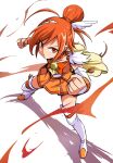  1girl boots bow bowtie choker clenched_hands closed_mouth commentary cure_sunny detached_sleeves fighting_stance fire from_above hair_bun hair_ornament highres hino_akane_(smile_precure!) legs_apart magical_girl orange_bow orange_bowtie orange_choker orange_eyes orange_hair orange_shirt orange_skirt pleated_skirt precure serious shadow shirt skirt sleeveless sleeveless_shirt smile_precure! solo thigh_boots uraki v-shaped_eyebrows white_background white_boots white_sleeves wing_hair_ornament 