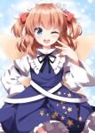  1girl ;d black_ribbon blue_dress blue_eyes blush commentary_request completion_time cosplay cowboy_shot dress fairy_wings frilled_dress frills hair_ribbon hand_up highres long_sleeves looking_at_viewer medium_hair neck_ribbon one_eye_closed open_mouth orange_hair print_dress red_ribbon ribbon ruu_(tksymkw) shirt smile solo star_(symbol) star_print star_sapphire star_sapphire_(cosplay) sunny_milk touhou two_side_up v white_shirt wide_sleeves wings 
