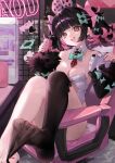  1girl absurdres alternate_costume animal_ear_hairband animal_ears bare_shoulders black_hair black_sleeves black_thighhighs bow breasts can chair cleavage collarbone colored_inner_hair controller detached_collar drink drinking_straw energy_drink fake_animal_ears feet fingernails fur-trimmed_sleeves fur_trim game_controller green_bow hair_bow hairband highres holding holding_can holding_controller holding_game_controller indoors knees_up leotard looking_at_viewer malsuk medium_breasts monster_energy multicolored_hair on_chair open_mouth pink_hair rabbit_ear_hairband rabbit_ears red_eyes rokudu_sariel short_twintails single_bare_foot single_thighhigh sitting solo strapless strapless_leotard thighhighs thighhighs_pull toes too_many_bows twintails white_leotard zenless_zone_zero 