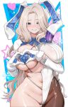  1girl absurdres animal_ears bad_source blue_eyes breasts brown_dust_(series) brown_dust_2 darian_silverstein fake_animal_ears gloves heart heart_hands highres long_hair looking_at_viewer nontraditional_playboy_bunny official_art pantyhose rabbit_ears smile snowflakes solo star_(symbol) white_hair 