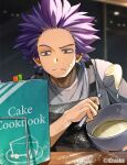  1boy apron artist_name baking bangs black_apron blue_hair boku_no_hero_academia bowl closed_mouth commentary_request cream cream_on_face food food_on_face grey_shirt highres holding indoors looking_at_viewer male_focus powder purple_eyes purple_hair reading shinsou_hitoshi shirt solo spiked_hair tonbanlove twitter_username upper_body 