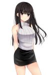  1girl absurdres bangs bare_arms bare_shoulders black_hair black_skirt breasts brown_eyes closed_mouth commentary_request eyebrows_visible_through_hair highres long_hair looking_at_viewer medium_breasts original ribbed_shirt shirt shiwasu_horio simple_background skirt sleeveless sleeveless_shirt solo very_long_hair white_background white_shirt 