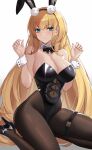  1girl absurdres animal_ears azur_lane bangs bare_shoulders black_footwear black_legwear black_leotard blonde_hair blue_eyes breasts cleavage commentary detached_collar duplicate eternity_(shadeh) eyebrows_visible_through_hair fake_animal_ears fingernails hands_up high_heels highleg highleg_leotard highres large_breasts leotard long_hair looking_at_viewer north_carolina_(azur_lane) north_carolina_(the_heart&#039;s_desire)_(azur_lane) pantyhose pixel-perfect_duplicate playboy_bunny rabbit_ears shiny shiny_clothes shiny_hair shiny_skin simple_background solo strapless strapless_leotard thigh_strap white_background wrist_cuffs 