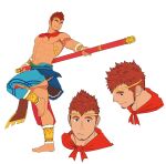  1boy abs bara crown dark-skinned_male dark_skin expressions facial_hair full_body goatee gyee holding holding_polearm holding_staff holding_weapon itto_(mentaiko) kong_(gyee) long_sideburns male_focus mature_male muscular muscular_male nipples orange_hair pectorals polearm revealing_clothes ruyi_jingu_bang short_hair sideburns smile solo staff stomach thighs weapon white_background 