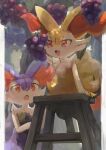  :d alternate_color animal_ear_fluff braixen fang food fruit furry gen_6_pokemon grapes highres holding ikei ladder leaf looking_up open_mouth orange_eyes outdoors pokemon pokemon_(creature) shiny_pokemon signature smile stepladder symbol-only_commentary tongue 