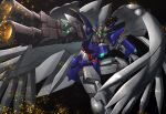  buster_rifle energy_gun feathers green_eyes gundam gundam_wing gundam_wing:_endless_waltz highres holding holding_weapon mecha mecha_focus mechanical_wings mobile_suit no_humans permian_machine robot science_fiction v-fin weapon wing_gundam_zero_custom wings 