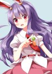  1girl animal_ears blue_background blush carrot_pin collared_shirt commentary_request completion_time cowboy_shot hair_between_eyes highres long_hair looking_at_viewer necktie open_mouth pink_skirt purple_hair rabbit_ears red_eyes red_necktie reisen_udongein_inaba ruu_(tksymkw) shirt short_sleeves simple_background skirt solo touhou white_shirt 
