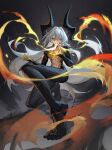  1girl breasts breath_weapon breathing_fire commentary_request cracked_skin dragon_girl dragon_horns fantasy fire hair_intakes highres horns iamc95 kneeling long_hair looking_at_viewer medium_breasts navel original solo very_long_hair white_hair yellow_eyes 