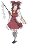  1girl ascot blush boots bow brown_eyes brown_hair closed_mouth commentary_request detached_sleeves forbidden_scrollery frilled_bow frilled_hair_tubes frilled_skirt frills full_body gohei hair_bow hair_tubes hakurei_reimu highres holding holding_gohei kiyo_(tomoki6107) knee_boots lace-up_boots long_hair looking_at_viewer mittens red_bow red_mittens red_skirt ribbon-trimmed_sleeves ribbon_trim scarf skirt skirt_set smile solo touhou white_boots yellow_ascot yellow_scarf 