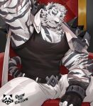  1boy animal_ears arknights armpit_hair armpits bandaged_hands bandages bara belt black_belt black_tank_top bulge coat coat_on_shoulders furry furry_male highres large_pectorals looking_at_viewer male_cleavage male_focus mountain_(arknights) muscular muscular_male pants pectorals ratontheraccoon scar scar_across_eye scar_on_arm scar_on_chest selfie short_hair sidepec sitting smile solo spread_legs tank_top thick_thighs thighs throne tiger_boy tiger_ears white_fur white_hair white_pants 