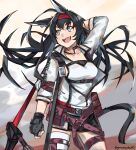  1girl animal_ears arknights armpits belt belt_pouch black_gloves black_hair blaze_(arknights) cat_ears cat_girl cat_tail collarbone commentary cowboy_shot dust_cloud eyebrows_visible_through_hair fingerless_gloves floating_hair gloves graysheartart grey_eyes hairband highres id_card jacket long_hair long_sleeves looking_away open_mouth pouch red_hairband shirt shoulder_strap single_thighhigh sleeveless sleeveless_shirt smile solo tail thigh_strap thighhighs twitter_username upper_body white_jacket white_legwear white_shirt 