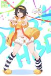  1girl ;d absurdres animal_slippers bird black_hair black_socks bloomers blue_eyes commentary confetti contrapposto cropped_shirt duck duck_slippers english_commentary full_body hakimen happy_birthday highres hololive hood hooded_jacket jacket looking_at_viewer loose_socks midriff multicolored_jacket navel official_alternate_costume official_alternate_hairstyle one_eye_closed oozora_subaru oozora_subaru_(loungewear) open_mouth outstretched_arms polka_dot polka_dot_bloomers reaching reaching_towards_viewer shirt short_hair slippers smile socks solo striped_clothes striped_socks swept_bangs teeth text_background two_side_up upper_teeth_only virtual_youtuber white_background white_bloomers white_jacket yellow_jacket yellow_shirt 