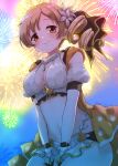  1girl asukaru_(magika_ru) bikini blonde_hair blush breasts cleavage dated drill_hair fireworks highres looking_at_viewer magia_record:_mahou_shoujo_madoka_magica_gaiden mahou_shoujo_madoka_magica night sky smile solo swimsuit tomoe_mami twin_drills twintails yellow_eyes 