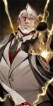  1boy bara beard black_gloves character_request cyphers facial_hair foreshortening formal gloves gomtang lightning looking_at_viewer male_focus mature_male muscular muscular_male short_hair solo suit upper_body white_hair white_suit 