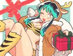  1girl animal_costume animal_ears animal_hood animal_print aqua_hair bikini boots box breasts brown_jacket carrying_over_shoulder christmas cleavage clip_studio_paint_(medium) cone_horns eyeshadow fake_animal_ears fake_horns fang feet_out_of_frame full_body fur-trimmed_jacket fur_bikini fur_trim gift gift_box green_hair holding holding_gift holding_sack hood hood_up hooded_jacket horns incoming_gift jacket knee_boots long_hair long_sleeves looking_at_viewer lum makeup mamanooke medium_breasts one_eye_closed oni open_clothes open_jacket open_mouth outstretched_hand pink_eyeshadow pointy_ears print_bikini print_boots red_ribbon reindeer_costume ribbon sack small_horns snowing solo strapless strapless_bikini striped_horns swimsuit tiger_panties tiger_print urusei_yatsura yellow_bikini yellow_eyes yellow_horns 
