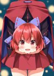  1girl :d black_shirt blurry blurry_background blush bow cape commentary_request completion_time cowboy_shot disembodied_head hair_bow highres holding holding_detached_head long_sleeves looking_at_viewer open_mouth pleated_skirt purple_bow red_cape red_eyes red_hair red_skirt ruu_(tksymkw) sekibanki shirt short_hair skirt smile solo touhou 