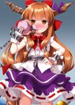  1girl blush bow bowtie brown_horns chain commentary_request completion_time cuffs drinking empty_eyes feet_out_of_frame gourd hair_bow hand_on_own_hip highres horn_ornament horn_ribbon horns ibuki_suika long_hair looking_at_viewer metal_wrist_cuffs nose_blush orange_hair purple_ribbon purple_skirt red_bow red_bowtie ribbon ruu_(tksymkw) shackles shirt skirt sleeveless sleeveless_shirt solo standing touhou white_shirt wrist_cuffs 