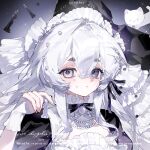  1girl black_nails chess_piece cleavage_cutout closed_mouth clothing_cutout commission crossed_bangs eyelashes fingernails frills gem grey_eyes hair_between_eyes hair_ornament heterochromia highres long_hair looking_at_viewer mihuashi_commission nail_polish original pearl_(gemstone) pearl_hair_ornament qixi rook_(chess) short_eyebrows short_sleeves sidelocks solo square tears upper_body watermark white_hair 