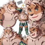  1boy 5cm_housamo absurdres ahoge animal_ears bara bare_pectorals beard belly blue_eyes bulge collage crossed_arms expressions facial_hair facial_mark fangs furry furry_male highres hombre_tigre_(tokyo_houkago_summoners) large_pectorals male_focus muscular muscular_male no_nipples pectorals plump short_hair smile sparkle thick_eyebrows tiger_boy tiger_ears tokyo_houkago_summoners translated whisker_markings white_hair wrestling_outfit 