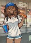anthro backpack baseball_cap biped bottomwear breasts brown_body brown_fur brown_hair canid canine canis clothed clothed_female clothing collar container costco cup domestic_dog drill_curls eyewear female floppy_ears food fully_clothed fully_clothed_female fur glasses hair hat headgear headwear hi_res holding_container holding_cup holding_object hot_dog hotpants ketchup looking_at_viewer mammal meme pepsi please_be_patient_i_have_autism puppy_(puppyypawss) puppyypawss shirt shorts solo standing t-shirt topwear wearing_glasses white_clothing white_shirt white_topwear