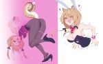  1girl :d ;d absurdres animal_ears ass ayunda_risu black_leotard black_shoes brown_hair clothing_cutout commentary cutout_above_navel detached_collar english_commentary fake_animal_ears fishnet_pantyhose fishnets full_body green_eyes hakimen heart_cutout high_heels highres hololive hololive_indonesia leotard long_hair looking_at_viewer low_twintails multicolored_hair multiple_views one_eye_closed pantyhose playboy_bunny rabbit_ears rabbit_hole_(vocaloid) shoes simple_background smile solo squirrel_ears squirrel_girl squirrel_tail strapless strapless_leotard streaked_hair tail thigh_strap through_wall twintails virtual_youtuber white_background white_hair 