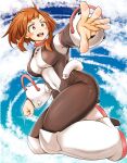  1girl :d absurdres adahcm blue_sky blush_stickers bodysuit boku_no_hero_academia boots breasts brown_eyes brown_hair clenched_hand cloud floating floating_hair full_body high_heel_boots high_heels highres large_breasts open_mouth outstretched_arm short_hair sidelocks sky smile solo sparkle_background superhero thick_eyebrows thick_thighs thighs uraraka_ochako 