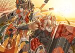  2boys aak_(arknights) animal_ears arknights arthurtng bangs bare_shoulders brown_fur cat_boy cat_ears dog_boy dog_ears fighting_stance furry furry_male highres holding holding_shield horns hung_(arknights) male_focus medium_hair multicolored_hair multiple_boys muscular muscular_male orange_eyes orange_hair pectorals shield single_horn smile streaked_hair throwing two-tone_fur white_fur white_hair 