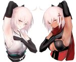  2girls :p ahoge arm_above_head armpits black_sash blush breasts clothing_cutout dark-skinned_female dark_skin detached_sleeves dual_persona fate/grand_order fate_(series) from_side hand_up koha-ace large_breasts long_sleeves looking_at_viewer multiple_girls obi okita_souji_(alter)_(fate) okita_souji_(fate) okita_souji_(fate)_(all) pale_skin pink_hair presenting_armpit red_scarf sash scarf sideboob simple_background smile steaming_body tongue tongue_out ulrich_(tagaragakuin) underboob underboob_cutout white_background yellow_eyes 