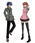  1boy 1girl atlus black_skirt blue_hair brown_hair cardigan choker coat fur-trimmed_sweater fur_trim hashtag-only_commentary highres leggings looking_at_viewer persona persona_3 persona_3_reload pink_cardigan ribbed_cardigan short_hair simple_background skirt sweater takeba_yukari white_choker winter_clothes winter_coat yuuki_makoto_(persona_3) 