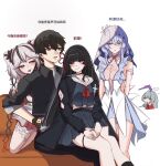  4girls arm_cutout armlet bare_shoulders black_choker black_hair black_jacket black_serafuku black_shirt blue_hair blue_veil breasts camellya_(wuthering_waves) chinese_commentary chinese_text chisa_(wuthering_waves) choker closed_mouth clothing_cutout colored_eyelashes commentary_request crop_top dress hair_between_eyes hair_ribbon highres jacket jewelry long_hair long_sleeves looking_at_another male_rover_(wuthering_waves) medium_breasts multiple_girls neckerchief phrolova_(wuthering_waves) purple_eyes qiweiyan red_neckerchief red_ribbon ribbon rover_(wuthering_waves) sailor_collar school_uniform serafuku shirt shorekeeper_(wuthering_waves) sleeveless sleeveless_dress smile tacet_mark_(wuthering_waves) thigh_strap thighs translation_request two-tone_veil veil white_dress white_sailor_collar white_veil wuthering_waves yellow_eyes 