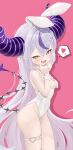  1girl absurdres ahoge alternate_costume animal_ear_hairband animal_ears barbell_piercing black_horns bow bowtie braid braided_bangs breasts cleavage commentary_request covered_navel crossed_bangs demon_horns detached_collar double-parted_bangs ear_piercing earrings fake_animal_ears fang grey_hair hair_between_eyes hairband heart heart_o-ring highleg highleg_leotard highres hololive horns industrial_piercing jewelry la+_darknesss leotard long_hair looking_at_viewer o-ring o-ring_thigh_strap open_mouth pichu_(mew0206mew) piercing pink_background playboy_bunny pointy_ears purple_streaks rabbit_ear_hairband rabbit_ears simple_background single_hair_streak skin_fang slit_pupils small_breasts solo spoken_heart strapless strapless_leotard striped_horns tail thigh_strap very_long_hair virtual_youtuber white_bow white_bowtie white_leotard wrist_cuffs yellow_eyes 