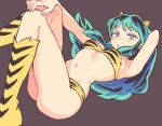  1girl :o animal_print aqua_hair arm_behind_head arm_up armpits bikini blue_eyes blue_eyeshadow boots breasts clip_studio_paint_(medium) commentary cone_horns english_commentary eyeshadow feet_out_of_frame full_body fur_bikini green_hair half-closed_eyes hand_on_own_knee horns knee_boots knees_up light_blush long_hair looking_at_viewer lum makeup mamanooke medium_breasts navel oni parted_lips pointy_ears print_bikini print_boots small_horns solo strapless strapless_bikini striped_horns swimsuit tiger_panties tiger_print urusei_yatsura yellow_bikini yellow_boots yellow_horns 